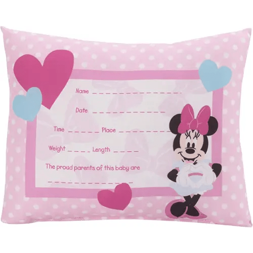 Disney Minnie Mouse Decorative Keepsake Pillow - Personalized Birth Pillow, Pink, White, Teal , 8x11x4 Inch (Pack of 1)