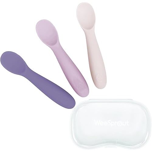 WeeSprout Baby Spoons for Self Feeding 6 Months +, Soft & Durable Silicone Utensils for Sensitive Gums & Teeth, Easy Grip Handles & Shorter Length for Little Hands, 3 Pack + Carrying Case