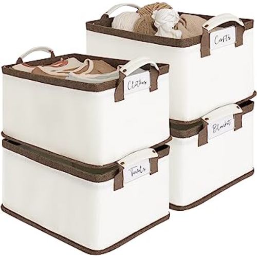 LoforHoney Home Collapsible Storage Bins with Metal Frames, Fabric Storage Baskets for Clothing, Shelf Baskets for Organizing, Closet Storage Bins for Organization, Large, Beige & Brown, 2-Pack