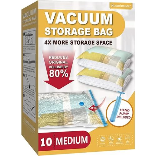 Storage Bags, 10 Medium Space Saver Vacuum Seal Bags with Pump, Space Bags, Vacuum Sealer Bags for Clothes, Comforters, Blankets, Bedding