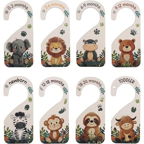 8pcs Baby Size Closet Dividers, Wooden Baby Wardrobe Organizer Newborn to 24 Months Woodland Nursery Decor Double-Sided Nursery Clothes Hanger Partition for Home Beautiful Decor (Animal)