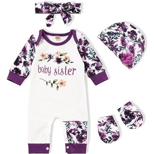 Baby Girl Clothes Patter&Letter Baby Girl Romper with Bow Hat&Headband and Gloves 4Pcs Baby Girl Coming Home Outfit
