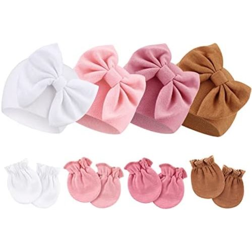 Newborn Baby Hats and Mittens Set Infant Bow Beanie Cap Toddler Gloves Newborn Hospital Hats for Baby Boy Girl 0-6 Months