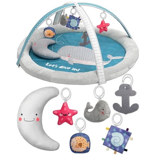 TODDLETUFF Baby Play Gym & Activity Mat | Oversized Baby Play Area with 5 Detachable Toys + Half Moon Pillow | Tummy Time Mat Promotes Motor Skills & Sensory Development [Whale Theme]