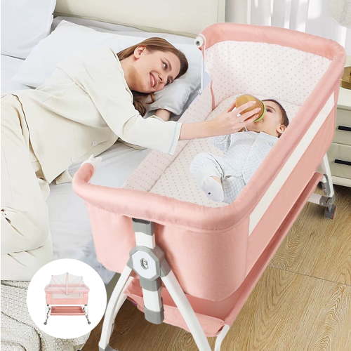 MONEHANE 4-in-1 Infant Bassinet, Bedside Crib, Changing Table with Storage, Light Pink