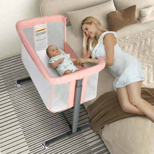 AILEEKISS Baby Bassinet with Wheels Adjustable Bedside Sleeper Bassinet Newborn Baby Crib, Pink