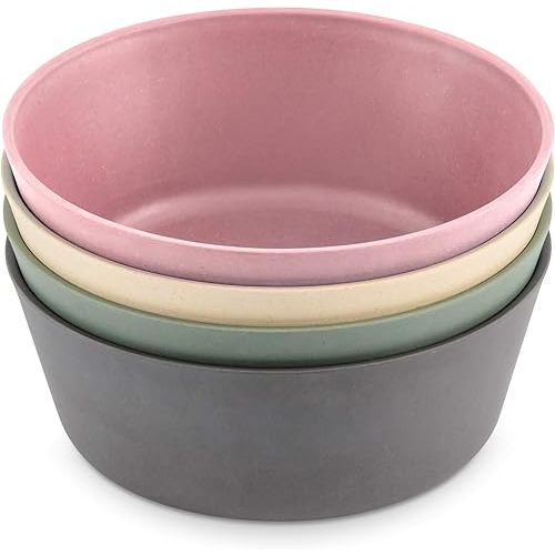WeeSprout Bamboo Kids Bowls, Set of Four 10 oz Kid-Sized Bamboo Bowls, Dishwasher Safe Kid Bowls (Pink, Green, Gray, & Beige)