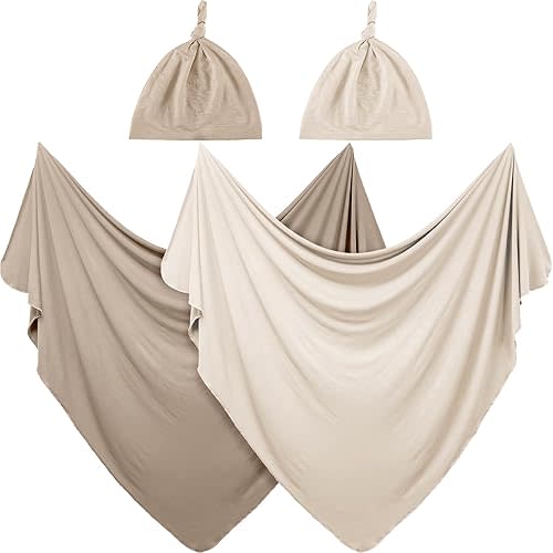 JaGely 2 Pack Baby Newborn Swaddle Blanket and Hat Set 47" x 47" Large Stretchy Receiving Blankets Set for Newborn Baby(Apricot, Khaki)