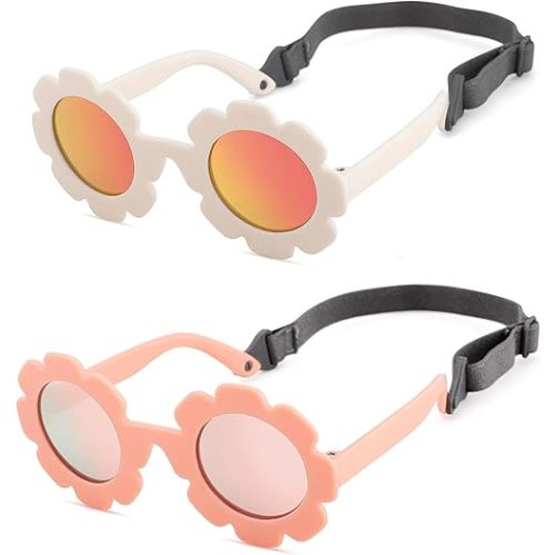 LIU·WEN Baby Polarized Flower Sunglasses with Strap - Bendable Flexible Frame for Infant Girls Boys Age 0-24 Months