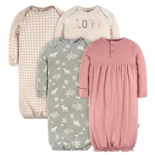 Gerber Baby Girls' Gowns With Mitten Cuffs, 4-pack, Woodland Love, Newborn