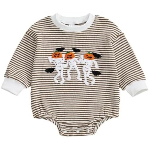 ZAXARRA Halloween Baby Romper Long Sleeve Striped Embroidered Pumpkin Bodysuit Crew Neck Fall Outfit for Infant Girls Boys