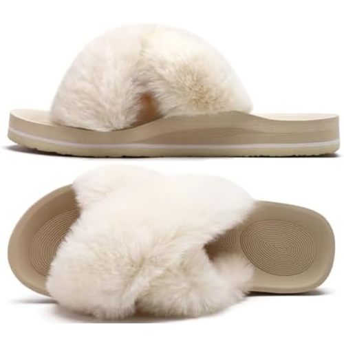 COFACE Womens Fuzzy Slides Cross Slippers