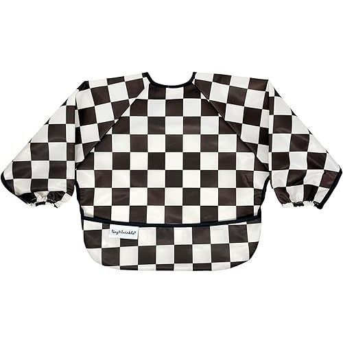 Tiny Twinkle Mess Proof Baby Bib, Cute Full Sleeve Bib Outfit, Waterproof Bibs for Toddlers, Machine Washable, Tug Proof, Baby Smock for Eating, Long Sleeved (Checkers Black, Small 6-24 Months)