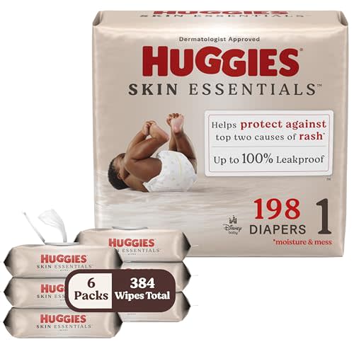 Bundle of Huggies Size 1 Diapers, Skin Essentials Baby Diapers, Size 1 (8-14 lbs), 198 Count (3 Packs of 66) + Huggies Skin Essentials Baby Wipes,99% Water, 6 Flip Top Packs (336 Wipes Total)