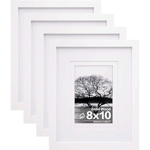 Egofine 8x10 Picture Frames Set of 4, Made of Solid Wood Covered by Plexiglass 4x6 and 5x7 with Mat or 8x10 without Mat, for Table Top Display and Wall Mounting Photo Frame White