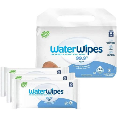 WaterWipes Plastic-Free Original Baby Wipes, 99.9% Water Based Wipes, Unscented & Hypoallergenic for Sensitive Skin, 180 Count (3 packs), Packaging May Vary 60 Count (Pack of 3)