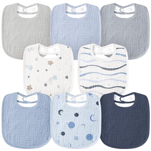 Susurration Muslin Baby Bibs 8 Pack Bandana Drool Bibs, Soft Square Adjustable Baby Drooling Bibs for Unisex Girls & Boys