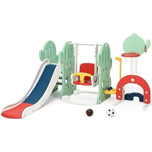 7 in 1 Toddler Slide and Swing Set, Kids Freestanding Slide Climber with Adjustable Swing and Basketball Hoop, Soccer Golf and Ring Toss Game, Indoor Outdoor Playset for Toddlers Age 1-3