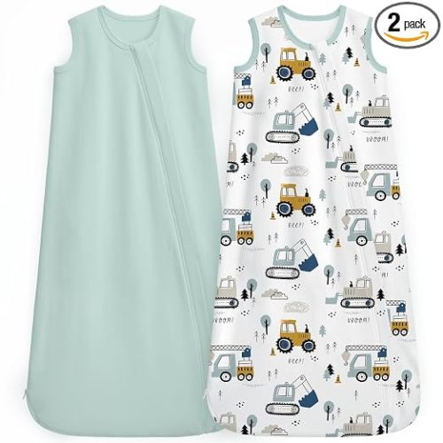 Unnivoll Baby Sleep Sack 6-12 Months 0.5 Tog Baby Wearable Blanket 100% Cotton Sleeping Sack with 2-Way Zipper for Newborn Infant White Green Excavator