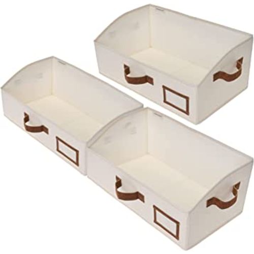 StorageWorks Closet Baskets, Canvas Baskets for Closet Shelves, Foldable Trapezoid Storage Bins with 3 PU Handles, Hand Wash, Ivory White, Jumbo, 3-Pack