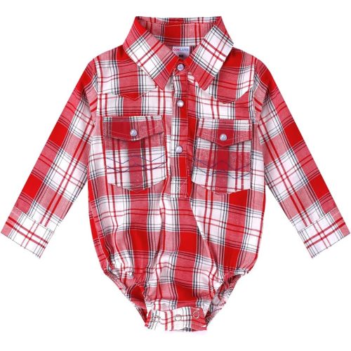 COSLAND Baby Boys' Western Cotton Plaid Bodysuit, Infant Cowboy Jumpsuit, 0-18 Months