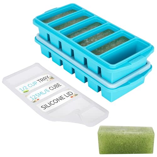 1/2 Cup Silicone Freezer Tray With Lid - Silicone Freezer Molds 2-Pack For meal prep & freezing of various sauces and other dishes, makes 12 perfect 1/2 cup portions cubes,oven and dishwasher safe