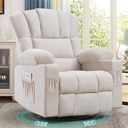 CDCASA Oversized Swivel Rocker Recliner Chair for Adults, Chenille 360° Swivel Glider Rocking Chairs w/Cup Holder, Manual Reclining Single Sofa Chair for Living Room, Theater, Nursery,1PC,Beige