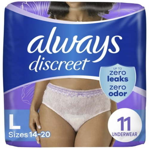 Always Discreet Adult Incontinence Underwear for Women and Postpartum Underwear, L, Up to 100% Bladder Leak Protection, 11 CT