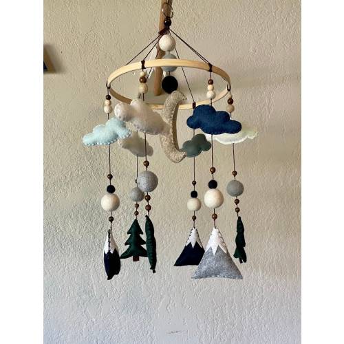 Felt mountain woodland mobile; Boy nursery decor; monochromatic blue rustic decor; navy, grey, neutral nursery