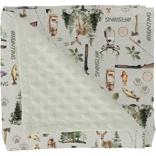 Fishing Hunting Baby Blankets for Girl Boy Bass Fish Deer Paws Green Trees Soft Mink Dotted Backing Double Layer Swaddle Blanket Nature Hunting Animals Bed Throws for Newborn Toddler Crib 30x40