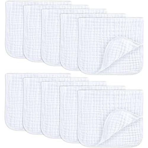 Comfy Cubs Muslin Burp Cloths 20" x 10", Pack of 10 - Large, 6-Layer, Ultra Absorbent 100% Cotton for Baby Drool and Messes - Soft, Safe & Gentle Baby Burp Cloths for Boys & Girls - White