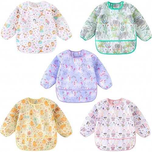 Long Sleeved Bibs, Pack of 5,Lightweight Waterproof Shirt Bibs for Baby Toddler 6-30 Months