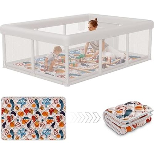 Baby Playpen 74"x50" Play Pens for Babies and Toddlers, Large Play Yards for Indoor & Outdoor with Zipper Gates, Breathable Mesh with Mat