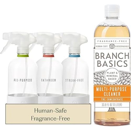 Branch Basics Cleaning Essentials Kit: All Purpose, Glass and Bathroom Cleaner - Concentrate (33.8 Oz) (24 Refills) + Refillable Glass Spray Bottles (16 Oz) Plant Based, Human-Safe, & Fragrance Free