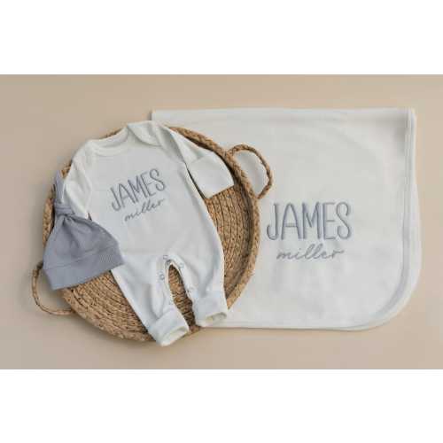 Baby Boy Coming Home Outfit Embroidered, Baby Boy Gift for Baby Shower, Baby Boy Romper and Hat Set with Matching Blanket Personalized