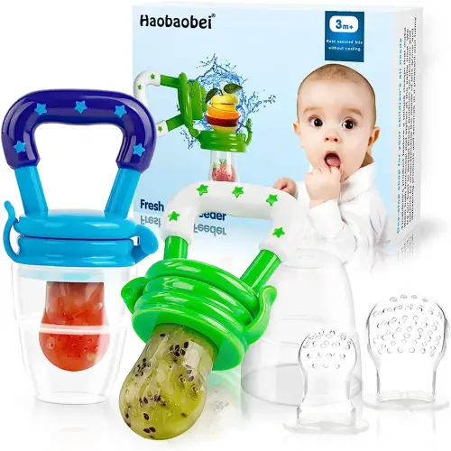 Baby Fruit Feeder/Food Feeder Pacifier for Babies (2 Pack) - HAOBAOBEI Mesh Teethers for Babies, Infant Teething Toy in Appetite Stimulating Colors, Bonus Includes 3 Sizes Silicone Pouches