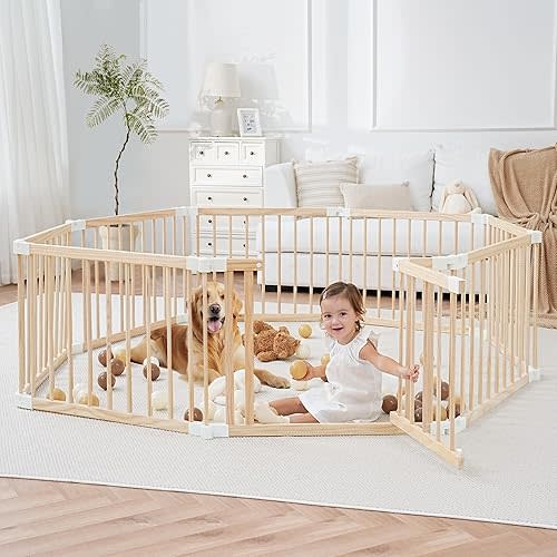 GGF Wooden Playpen & Play Yards for Babies and Toddlers, Foldable Wood Baby Play Fence with Locking Gate, Kids Activity Area Center Indoor Outdoor,57 * 57inch, Light Pine
