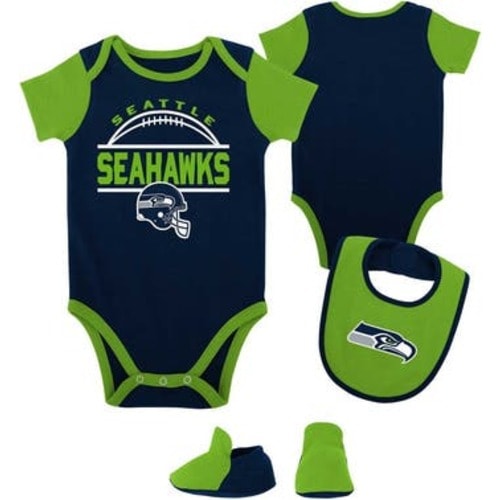 Newborn & Infant College Navy/Neon Green Seattle Seahawks Home Field Advantage Three-Piece Bodysuit, Bib & Booties Set