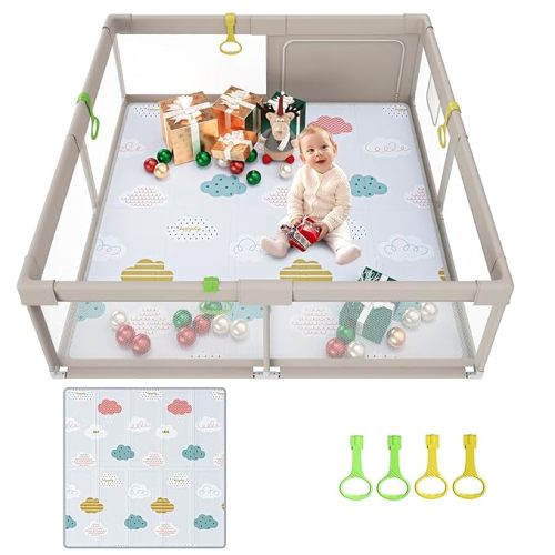 Baby Playpen with Mat, 59x59inch Playpen for Babies and Toddlers, Kids Play Pen, Extra Large Baby Playpen,Baby Fence,Big Playpen for Infants with Gate,Playard for Baby - 59x59inch Gary with mat - 59x59 Inch