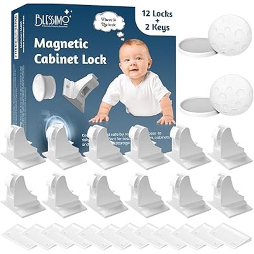 12 Pack Magnetic Cabinet Locks Baby Proofing with 12 locks and 2 Keys - Blessimo Child Locks For Kitchen, Cabinets and Drawers - 3M Adhesive Easy Installation