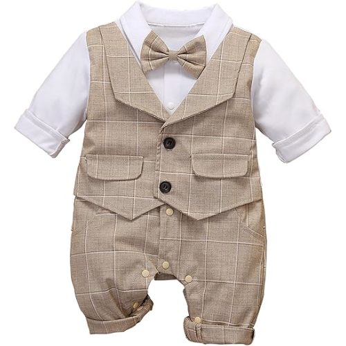 HMD Baby Boy Long Sleeve Gentleman White Shirt Waistcoat Bowtie Tuxedo Onesie Jumpsuit Overall Romper