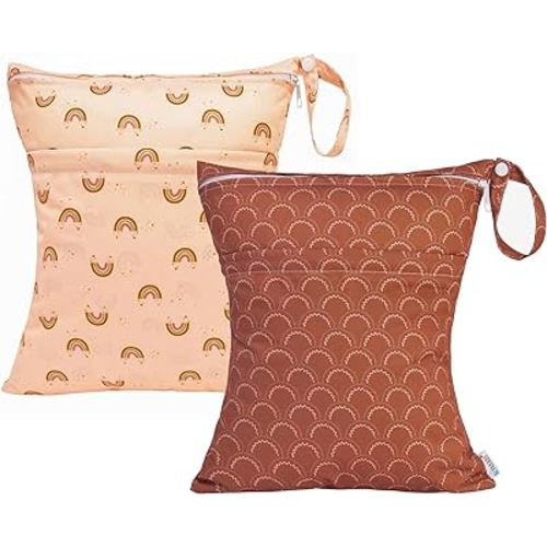 ALVABABY 2pcs Cloth Diaper Wet Dry Bags Waterproof Reusable with Two Zippered Pockets Travel Beach Pool Daycare Soiled Baby Items Yoga Gym Bag for Swimsuits or Wet Clothes L-YX128129