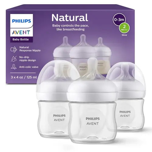 Philips Avent Natural Baby Bottle with Natural Response Nipple (Slow Flow, Flow 2), 4oz, 3-pack, SCY900/03