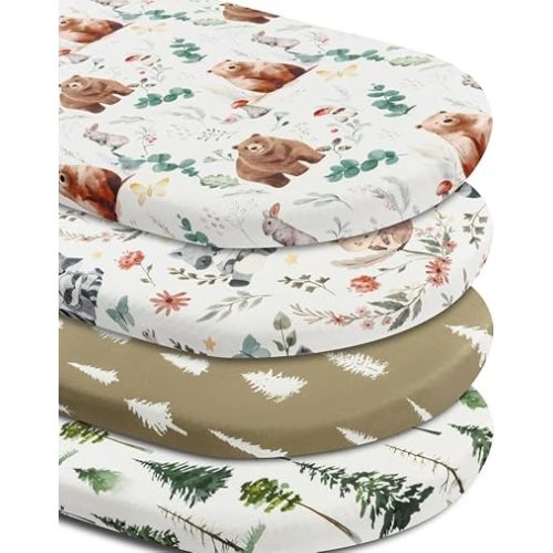 4 Pack Bassinet Sheets Woodland Forest Animals Wood Neutral Unisex Fitted Baby Bassinet Sheets Set for Standard Bassinets for Baby Boys or Girls