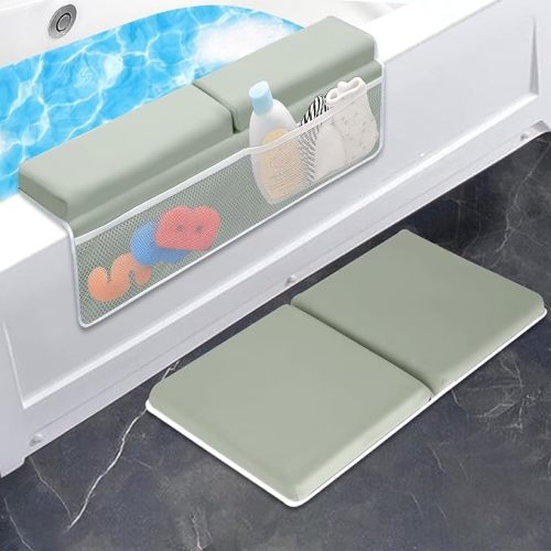 Bath Kneeler with Elbow Rest Pad Set, 1.5 inch Kneeling Pad Mat for Bathtub Baby Bathing Parents, Painless Foam Mat with Toy Organizer Pockets, Non-Slip for Baby and Toddler Bathing