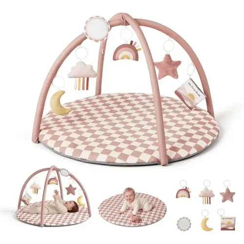 Blissful Diary Baby Play Gym Mat, Play Mat Activity Mat with 6 Detachable Toys for Stage-Based Sensory & Motor Skill Development, Easy to Install & Clean, Baby Essentials Gift, Blush Checkered