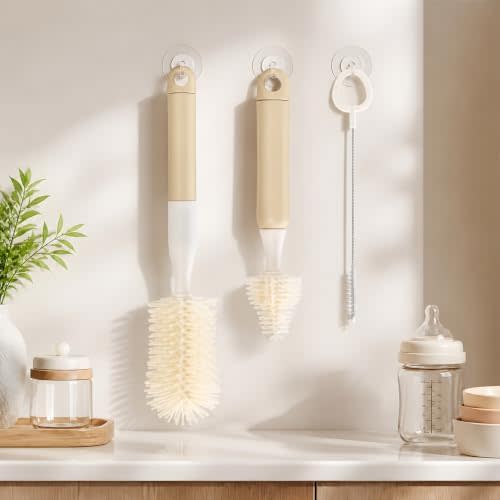 3-Pack Silicone Baby Bottle Brush, Bottle Cleaner, with Convenient Hang Up, Food Grade Silicone, Effortless Scrubbing Cleaning Brushes for Long Narrow, Sports, Baby Bottles (Latte)