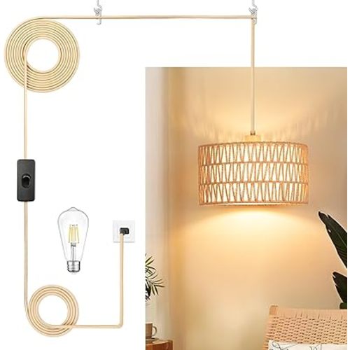 Plug in Pendant Light Rattan Hanging Lamp, Boho Hanging Lights with Paper Woven & Fabric 2 in 1 Shade, 3-Way Dimmable Bulb Included, Ceiling Light Fixture for Living Room,Bedroom,Farmhouse