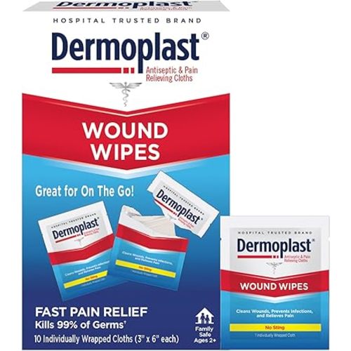 Dermoplast Wound Wipes Medicated First Aid Cloths, Analgesic & Antiseptic Wipes for Treating Minor Cuts, Scrapes and Burns on The Go, Sting Free Formula, 10 Individual Cloths (Packaging May Vary)