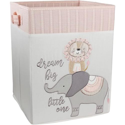 Levtex Baby - Imani Nursery Hamper - Rectangle Fabric Hamper - Elepahnt and Lion - Grey, Cream, Taupe, Pink - Nursery Accessories - Size: 14 x 14 x 19in.